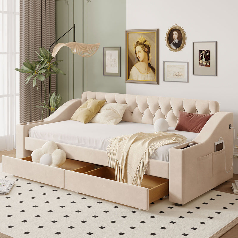 Upholstered Daybed With Storage Armrests And USB Port - R&R Furniture Gallery (Fountain Valley, CA)
