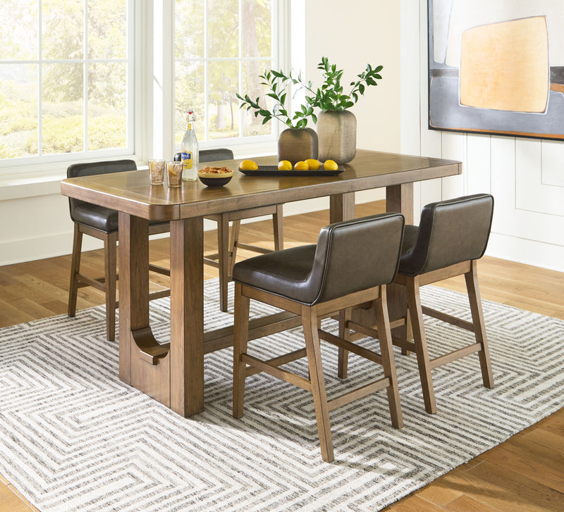 Rectangular dining room counter table set with 4 matching chairs from Signature Design by Ashley, part of the Cabalynn 5-piece dining set.