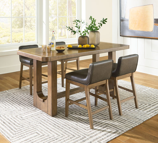 Rectangular dining room counter table set with 4 matching chairs from Signature Design by Ashley, part of the Cabalynn 5-piece dining set.