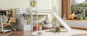 DreamHaus loft stairway bed with built-in drawers, convertible ladder, and slide in a modern children's bedroom setting.