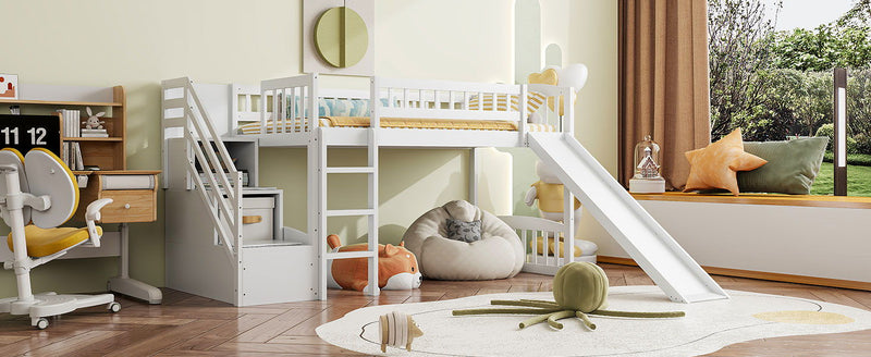 DreamHaus loft stairway bed with built-in drawers, convertible ladder, and slide in a modern children's bedroom setting.