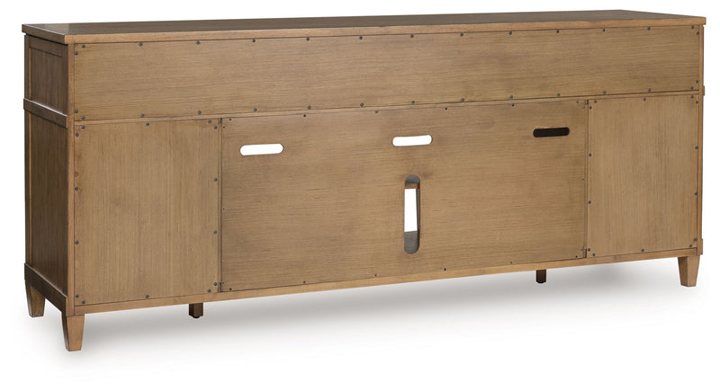 Sharlance - XL TV Stand With Fireplace Option - Light Brown - R&R Furniture Gallery (Fountain Valley, CA)