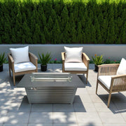 Gray outdoor gas fire pit table by LSI Patio Furniture with durable construction and lid, ideal for outdoor heating and ambiance.