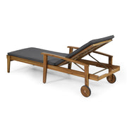 Noble House Jason chaise lounge outdoor furniture with adjustable acacia wood frame and cushioned seating, designed for relaxation.