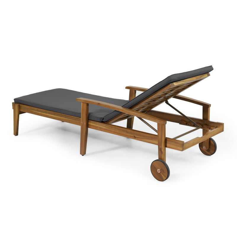 Noble House Jason chaise lounge outdoor furniture with adjustable acacia wood frame and cushioned seating, designed for relaxation.