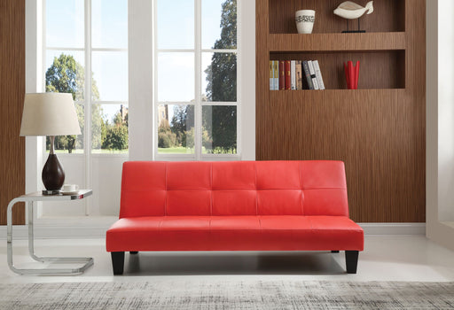 Glory Furniture Alan sofa bed futon sofa with beige fabric upholstery and wooden legs, convertible for seating and sleeping.
