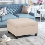 Noble House Isabella contemporary storage ottoman with padded top and wooden legs, ideal for living room seating and storage.