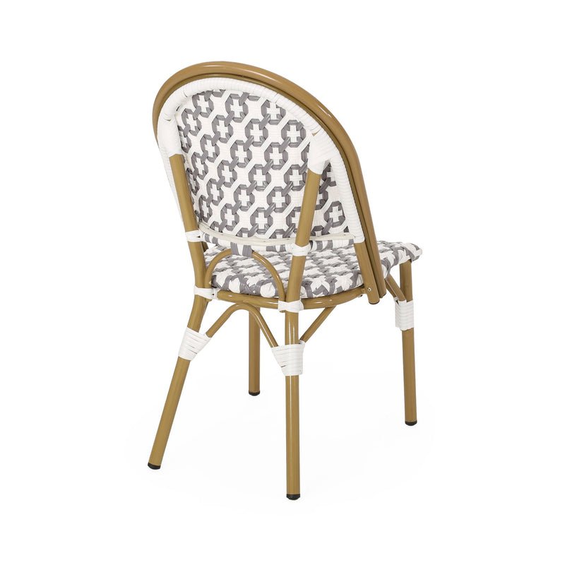 Noble House French Bistro Chair with durable rattan and aluminum frame, armless design, perfect for indoor or outdoor dining spaces.