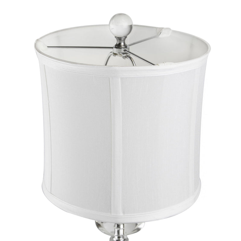 Set of two Lumi Source Karat contemporary crystal table lamps with clear crystal bases, chrome accents, and white softback shades.