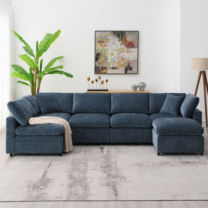 Modern Luxe & Co. modular cloud sofa bed with six seats and ottoman, U-shaped convertible sectional for living room comfort.