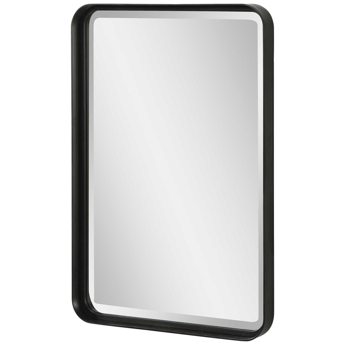 Uttermost Croften black vanity mirror with a sleek rectangular frame, reflecting a modern bathroom or dressing area.