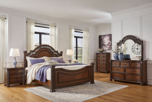 Signature Design by Ashley Lavinton 6-piece bedroom set with a bed frame, nightstands, dresser, and mirror in a modern bedroom scene.