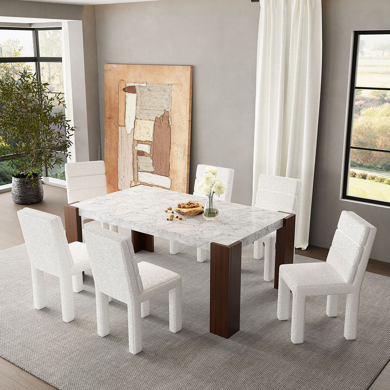 Set of two ACME Hettie beige boucle side chairs with modern design and upholstered seating.