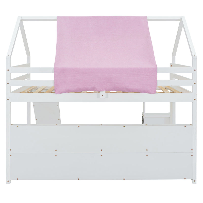 DreamHaus loft bed with house-shaped frame and attached tent, ideal for kids' bedrooms, featuring a cozy, playful design.