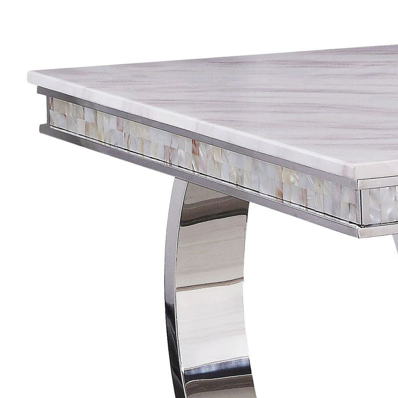 Zander - Dining Table - White Printed Faux Marble Top & Mirrored Silver - R&R Furniture Gallery (Fountain Valley, CA)
