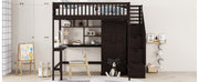 DreamHaus loft bed with integrated bookshelf, drawers, desk, and wardrobe, showcasing a multi-functional space-saving bedroom solution.
