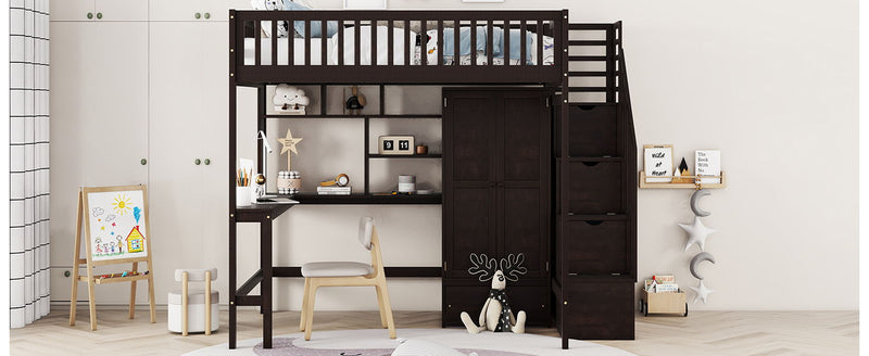 DreamHaus loft bed with integrated bookshelf, drawers, desk, and wardrobe, showcasing a multi-functional space-saving bedroom solution.
