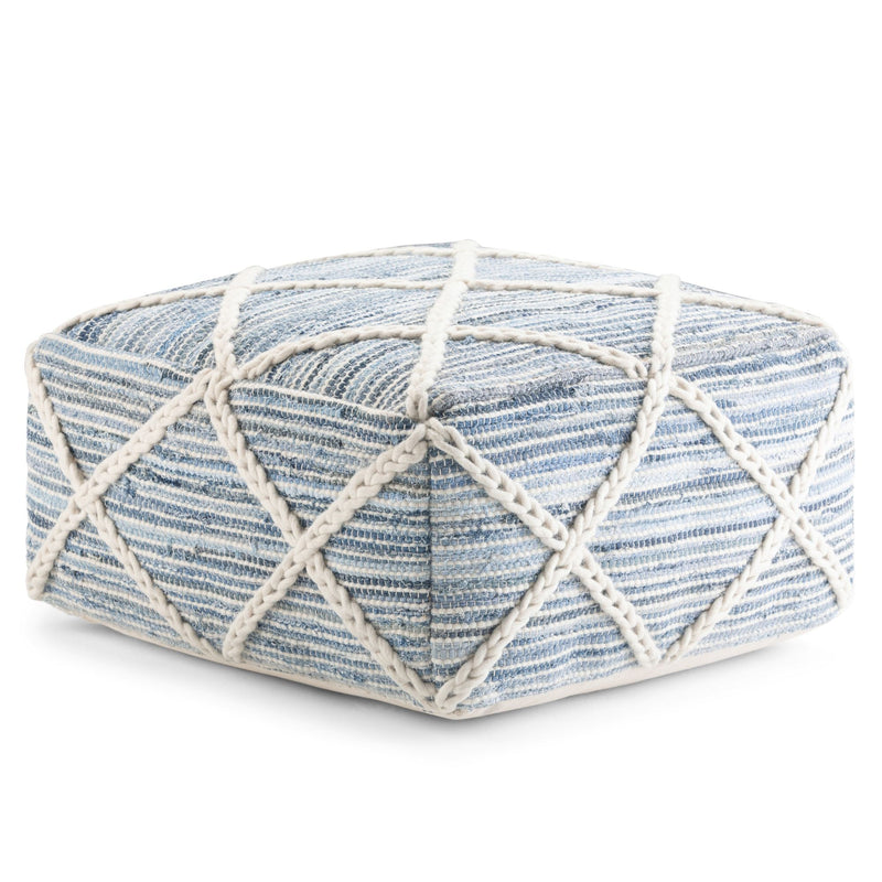 Simpli-Home Cowan handcrafted square accent pouf with neutral fabric upholstery, versatile for living room or accent decor.