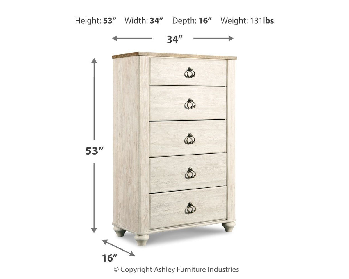 Willowton - Five Drawer Chest - Brown / Beige / White - R&R Furniture Gallery (Fountain Valley, CA)