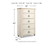 Willowton - Five Drawer Chest - Brown / Beige / White - R&R Furniture Gallery (Fountain Valley, CA)