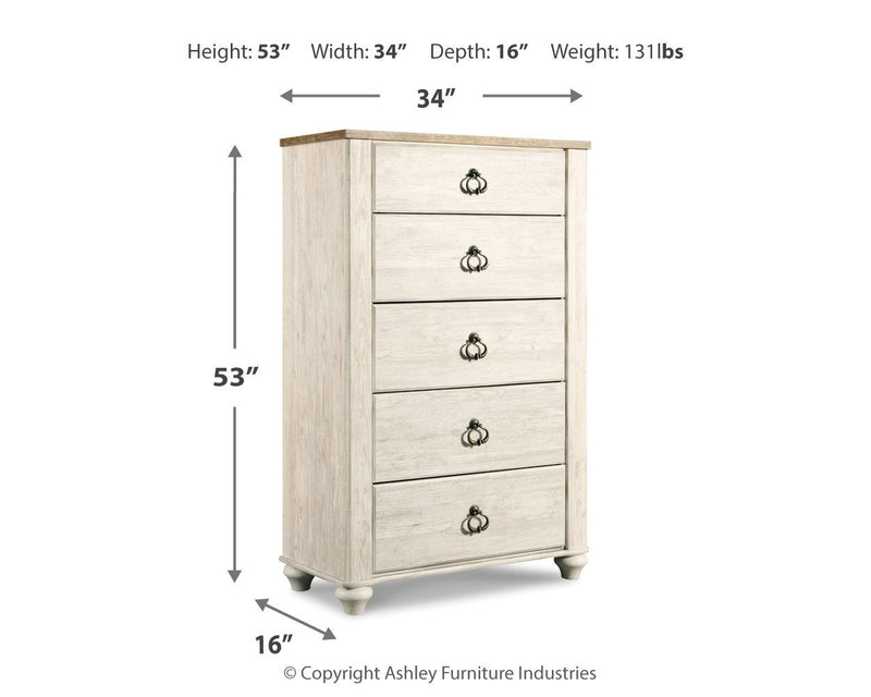 Willowton - Five Drawer Chest - Brown / Beige / White - R&R Furniture Gallery (Fountain Valley, CA)