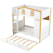 Dreamland bunk bed with house-shaped guardrails, built-in storage shelves, and a trundle for extra sleeping space.