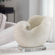 White Nautilus shell sculpture by Uttermost, detailed ceramic figurine representing ocean-inspired decor.