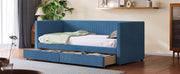 Halcyon Home storage daybed with two drawers and wood slats, featuring a sleek design and sturdy frame in a cozy bedroom setting.