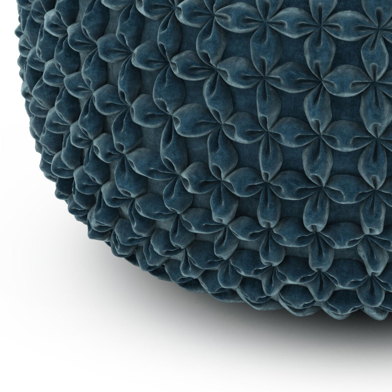 Simpli-Home Renee handcrafted round accent pouf with soft fabric and decorative stitching, perfect for living room or bedroom decor.