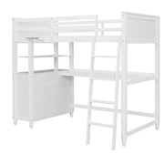 DreamHaus loft bed with built-in drawers, desk, and shelves, showcasing a modern space-saving design with a sturdy wooden frame.