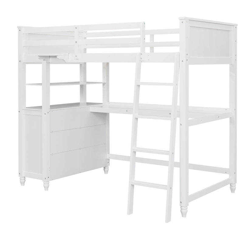 DreamHaus loft bed with built-in drawers, desk, and shelves, showcasing a modern space-saving design with a sturdy wooden frame.