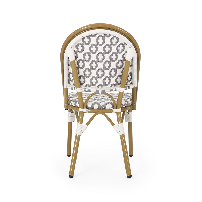 Noble House French Bistro Chair with durable rattan seat and aluminum frame, armless design, ideal for outdoor or indoor dining spaces.