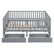 DreamHaus storage daybed with fence guardrails, two drawers, and adjustable split design for floor bed and daybed use.