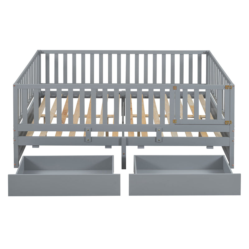 DreamHaus storage daybed with fence guardrails, two drawers, and adjustable split design for floor bed and daybed use.