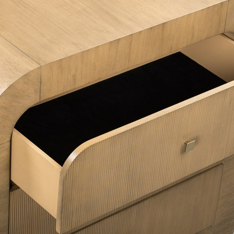 TOV Furniture Hump bedside chest with wood finish and modern design, featuring a drawer and open shelf for bedroom storage.