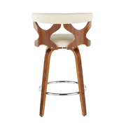 Set of two Gardenia mid-century modern counter stools by Lumi Source with wooden legs and cushioned seats.