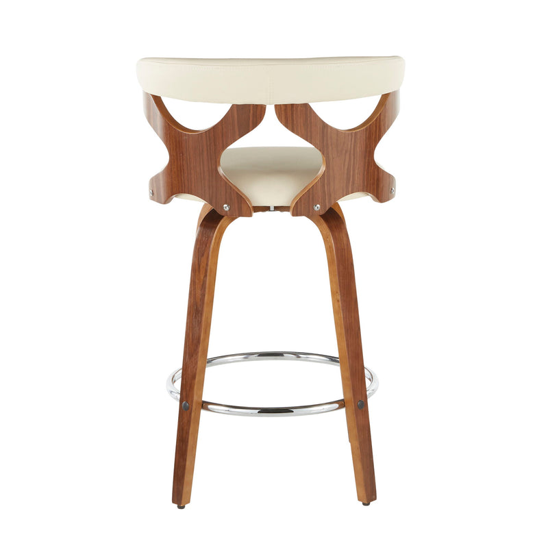 Set of two Gardenia mid-century modern counter stools by Lumi Source with wooden legs and cushioned seats.