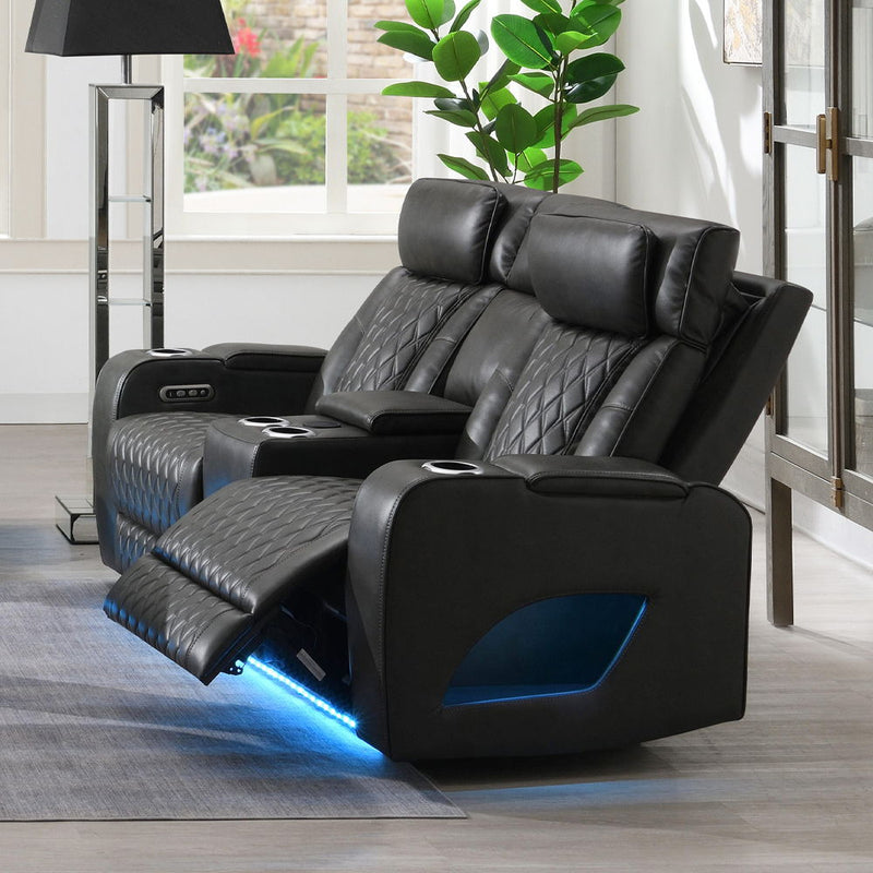Taddeo - Power Motion Loveseat With Console, Speaker, USB, Wireless Charger & LED - Dark Gray - R&R Furniture Gallery (Fountain Valley, CA)