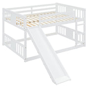White DreamHaus full over full bunk bed with ladder and slide, showing the sturdy frame, ladder, and fun slide in a modern bedroom setting.