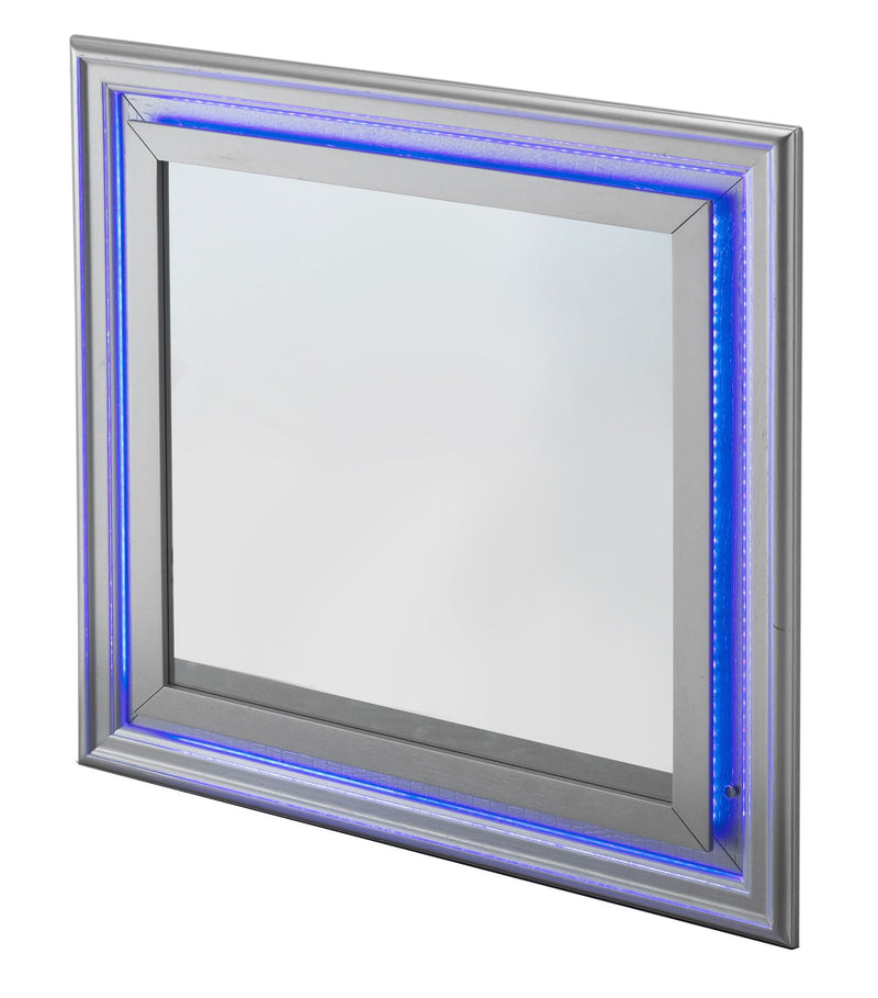Elegant Lorana transitional LED mirror by Glory Furniture, with sleek modern design and integrated LED lighting for contemporary decor.