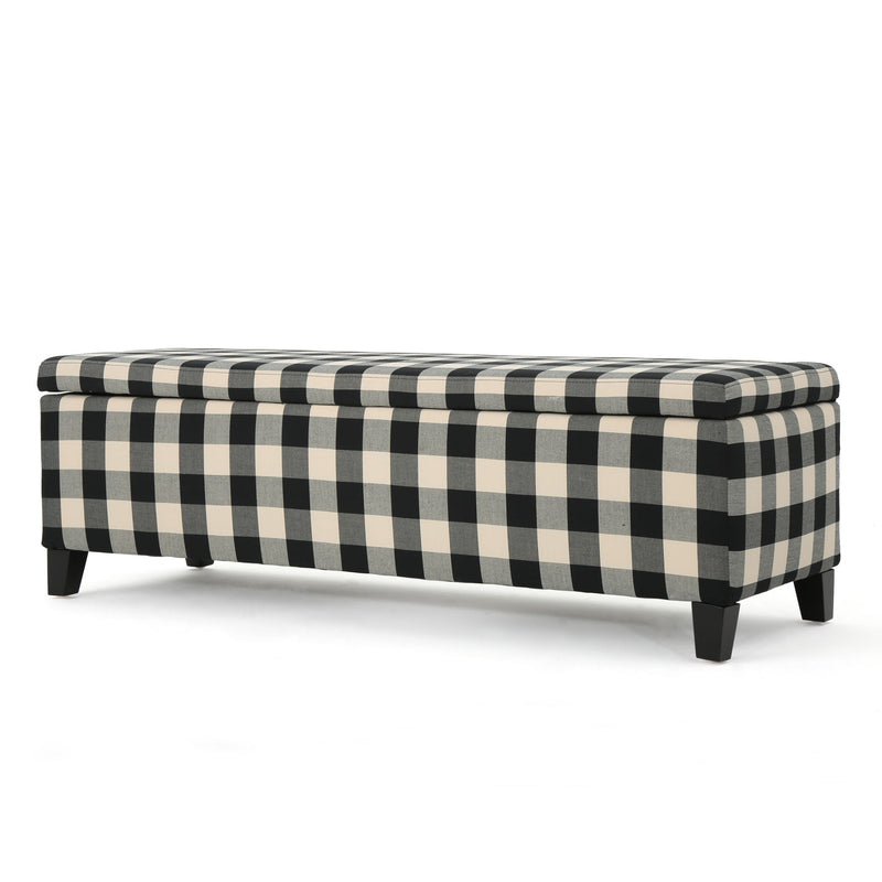 Black Noble House contemporary storage ottoman with cushioned seating and open storage space inside.