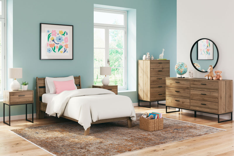 Deanlow Panel Bedroom Set by Signature Design Ashley, 3-piece bedroom furniture includes a bed frame and matching nightstands in a modern style.