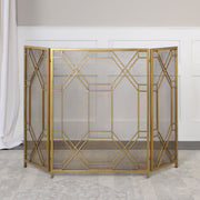 Uttermost Rosen gold fireplace screen with elegant metal frame and decorative design, perfect for enhancing fireplace decor.