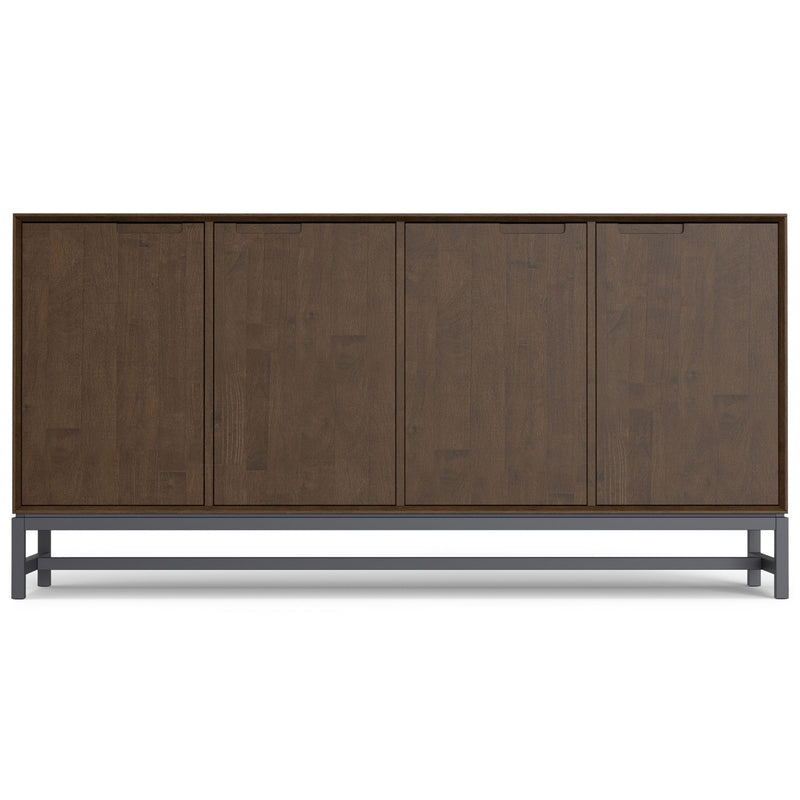 Modern industrial wood sideboard with metal frame, dining room storage by Simpli-Home, featuring sleek design and ample storage space.