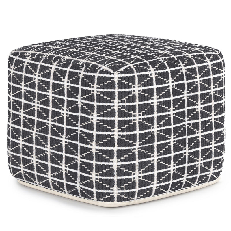 Simpli-Home Noreen upholstered square accent pouf with soft fabric and cushioned top, ideal for living room or bedroom decor.