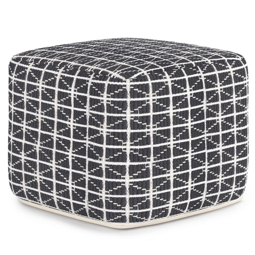 Simpli-Home Noreen upholstered square accent pouf with soft fabric and cushioned top, ideal for living room or bedroom decor.