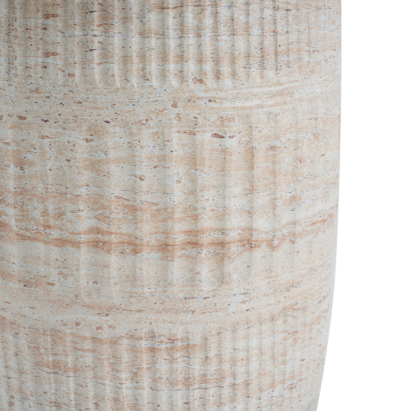 Noble House beige lightweight concrete side table with travertine top, suitable for outdoor and indoor use.