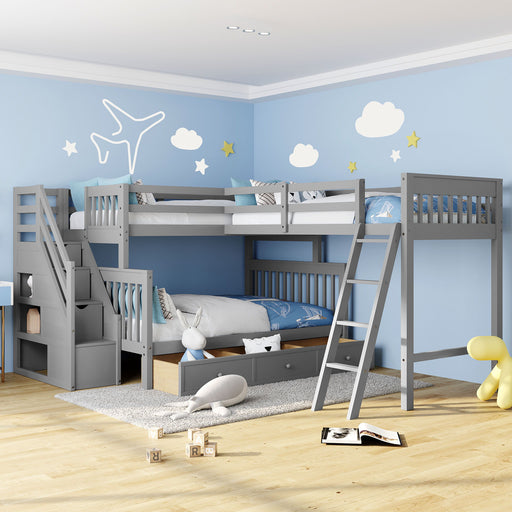 Solid L Shaped Bunk Bed With 3 Drawers, Ladder And Staircase - R&R Furniture Gallery (Fountain Valley, CA)
