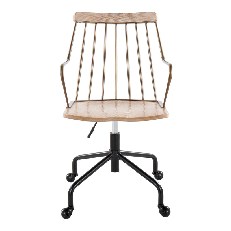 Lumi Source Preston Farmhouse adjustable office chair with wooden arms and black fabric seat, suitable for desk and workspace.