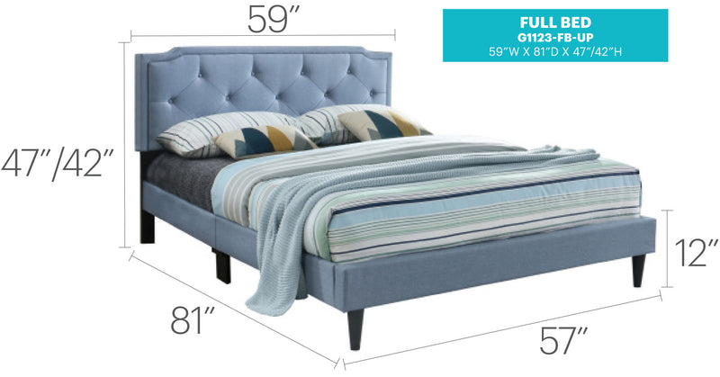 Button tufted upholstered bed by Glory Furniture with cozy design, featuring plush fabric and elegant tufted headboard.